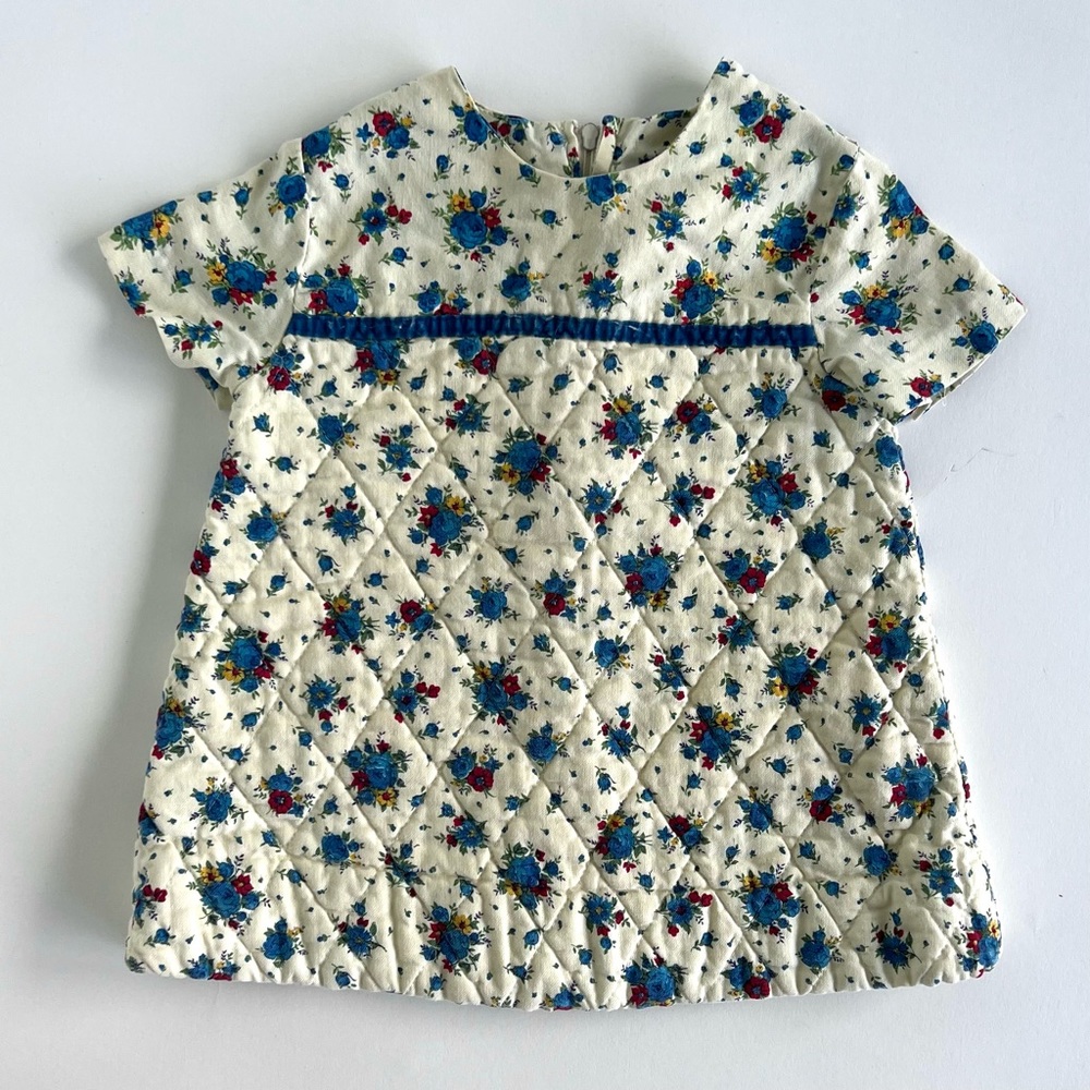 Vintage quilted 18/24 months baby dress cream and blue floral